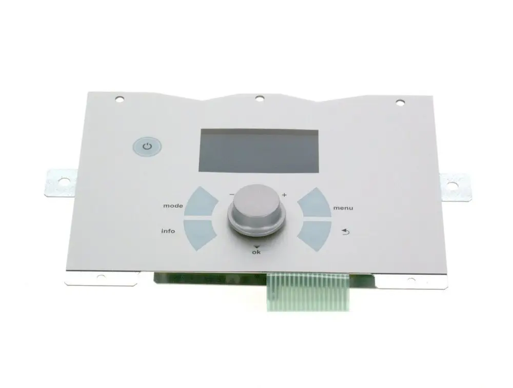 Bosch Bedienfeld mit digitalem Display und mehreren Tasten zur Steuerung, einschließlich Menü, Info und Lautstärke. Montagematerial ist sichtbar.